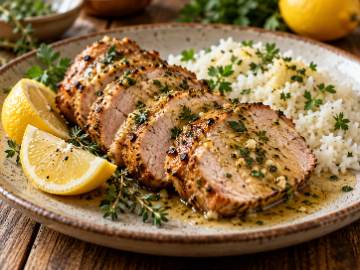 Oven-roasted pork loin with lemon and herbs, with rice