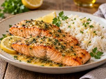 Oven-baked salmon with lemon and herb sauce