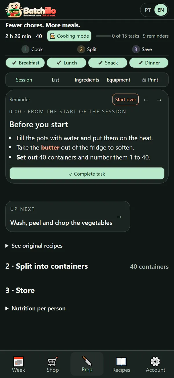 The guided prep session: tasks in order, with timers