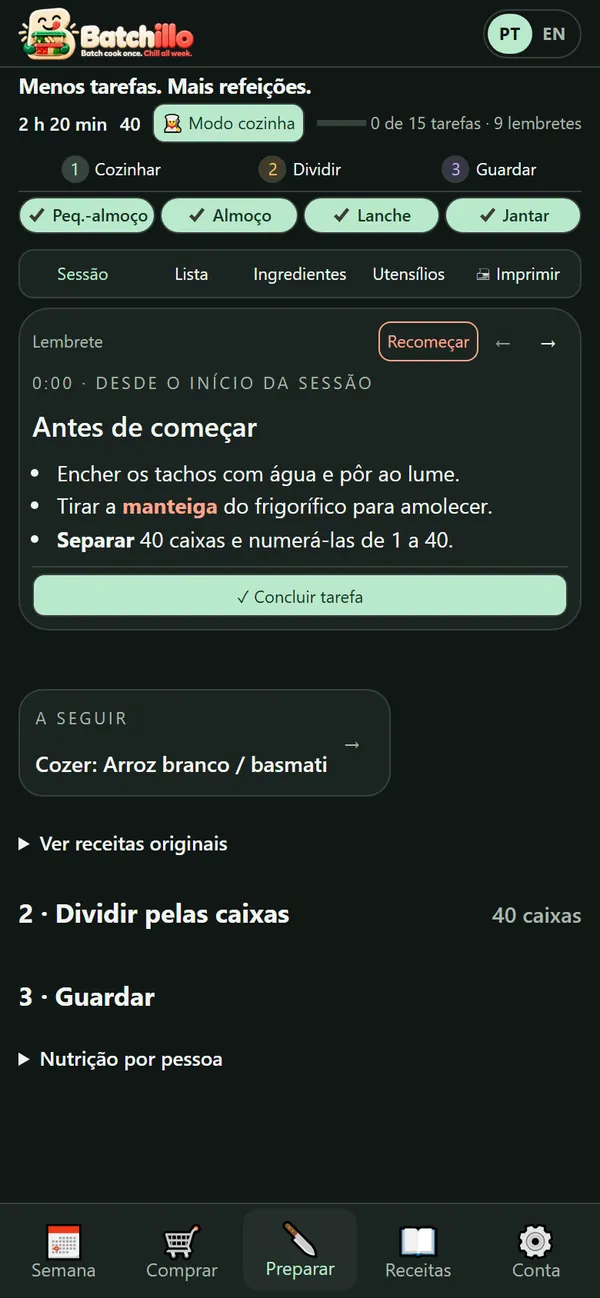 A sessão de preparação guiada: tarefas por ordem, com temporizadores